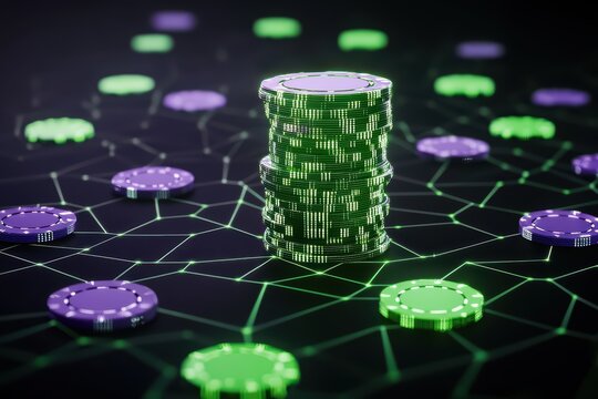 Stacked casino chips in green and purple on a digital network background, symbolizing online gambling and gaming.