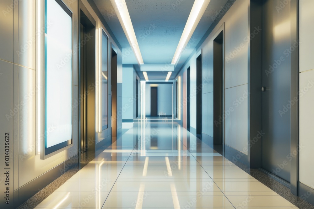 Poster a long corridor with multiple large windows allowing natural light in