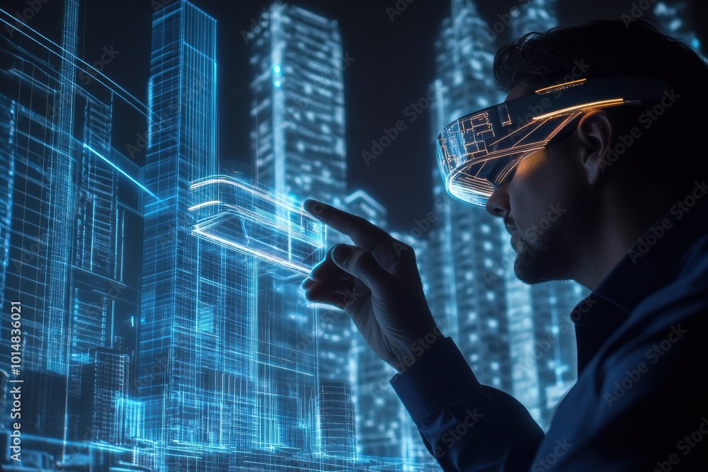 Fototapete an augmented reality architect designs virtual structures in a futuristic cityscape at night using a