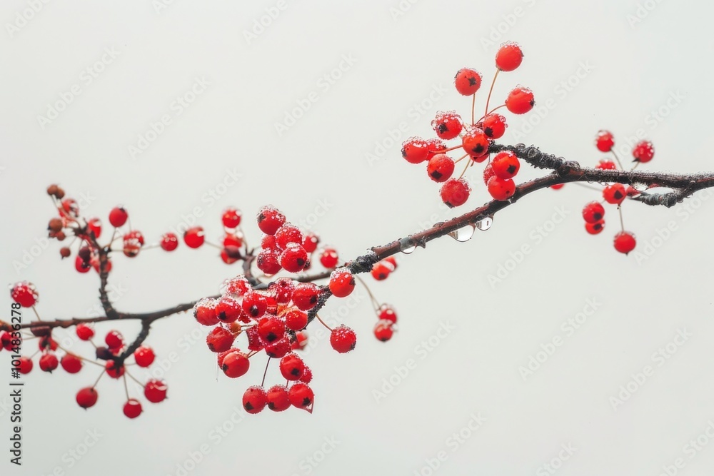 Poster a close-up shot of a branch with bright red berries, ideal for use in designs related to nature and 
