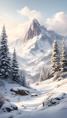 Fototapeta premium A serene winter landscape with snow-covered trees and mountains at sunset.