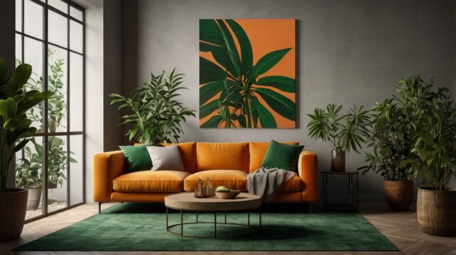tila maharana plant Canvas Print, in the style of bold color-blocked compositions, nature-inspired installations, light orange and green, bold shadows, lush scenery, rug, muted colours --v 6.0 --ar 5: