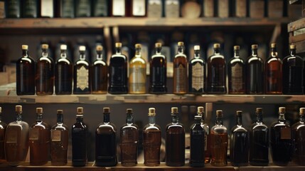 A shelf filled with various bottles of liquor