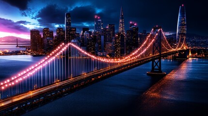 Fototapeta premium City bridge at dawn, in watercolor tones, with digital market indicators arching over the skyline, [financial horizon], [urban outlook].