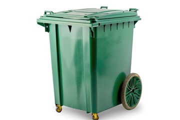 A green trash can with wheels on a white background, great for any scene or composition