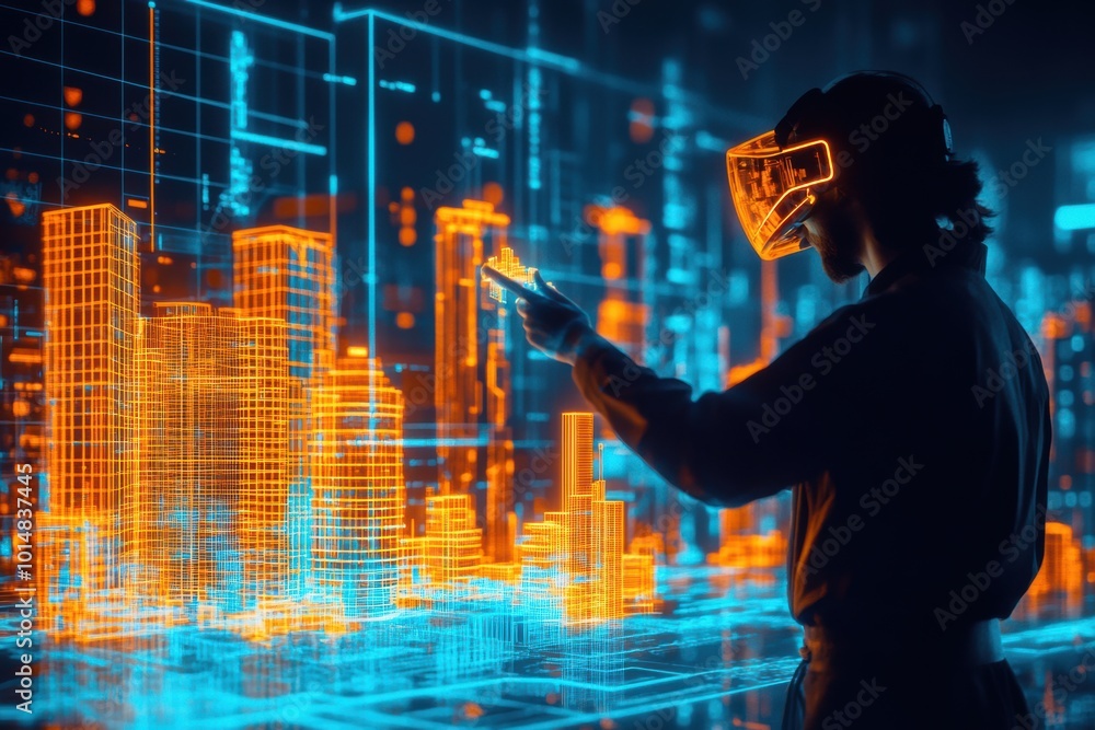 Poster an architect designs virtual buildings in a futuristic city using augmented reality glasses to visua