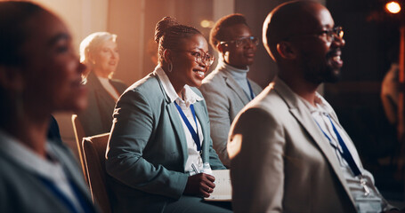 Corporate, woman and writing at presentation seminar with notes, listening and business training of...