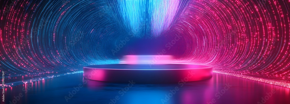 Poster 5. **neon data stream:** capture an image of a luminous neon podium with a holographic interface, se
