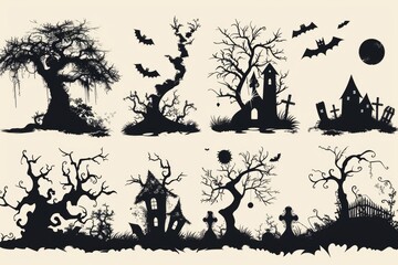 Spooky Halloween silhouettes of people and objects, ideal for creating eerie atmosphere