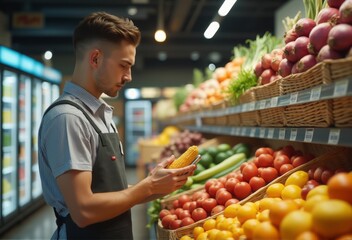 A supermarket employee arranging fresh vegetables and fruits on display in a grocery store. The scene highlights retail work, organization, and customer service in a vibrant store environment.