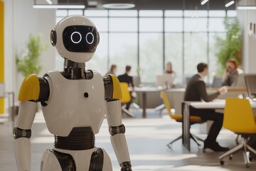 Robot working at computer among people. Maschine typing on keyboard in office. IT team of future. Futuristic worker. Humanoid work at call center. Support job. Selling concept. Technologies.