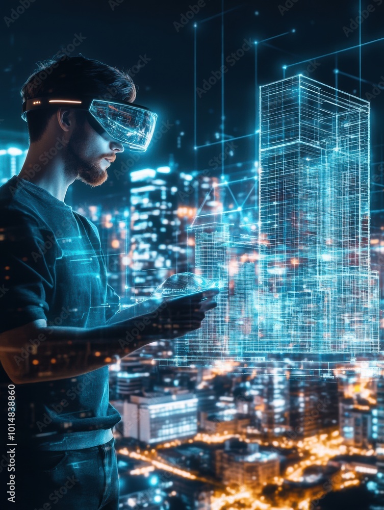 Poster architect designing augmented reality buildings in a futuristic cityscape using ar glasses at night.
