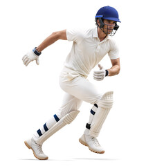 Cricket player with helmet and gloves on in fast running motion on isolated background