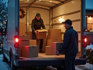 Delivery Crew Loading Boxes in Winter Evening