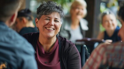 Obraz premium A woman sits among others at a table, likely discussing something