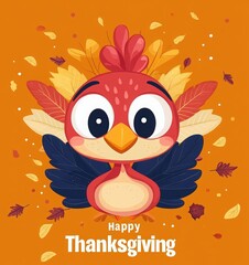 Obraz premium cute cartoon turkey face on orange background. happy thanksgiving holiday card design. funny and cheerful cartoon chicken isolated on brown color background. 