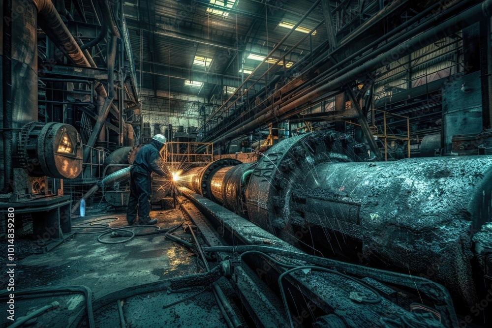 Poster a man working in a factory surrounded by pipes, one informative phrase about what pictured on image 