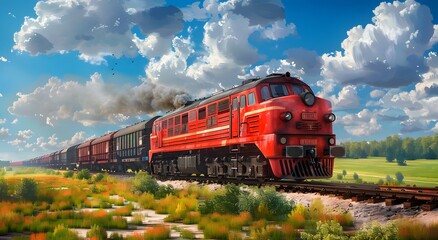 Obraz premium Red Freight Train Rolling Through Rural Landscape