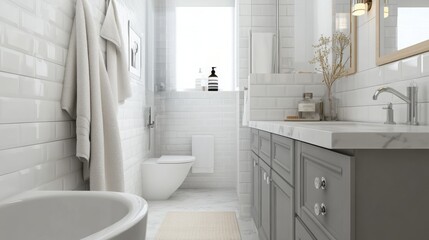 The contemporary bathroom showcases gray cabinetry, elegant fixtures, and natural light filtering through a window, creating a relaxing and sophisticated atmosphere for daily routines.