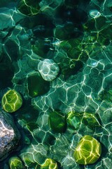 A tranquil view of clear water highlighting green stones beneath shimmering sunlight, creating a mesmerizing pattern and peaceful atmosphere.