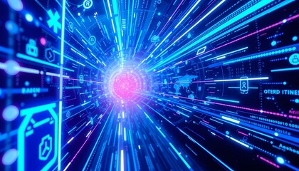 Fototapeta premium Glowing Blue Symbols and Data Streams in a Virtual World