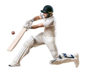 Cricket batter swing his bat to hit a ball on isolated background