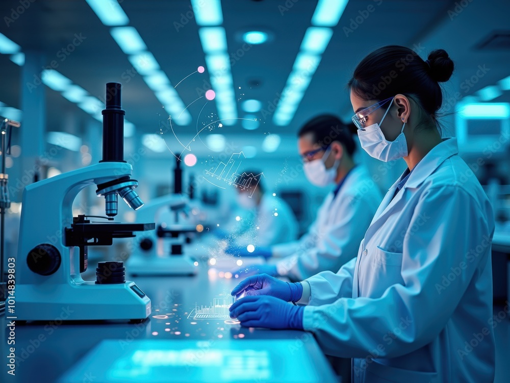 Poster scientists working in modern laboratory setting
