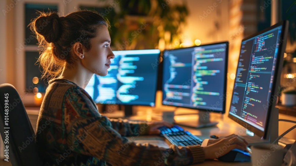Poster a woman sitting in front of two computer monitors with a focused expression