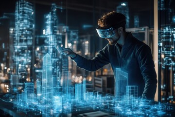 An augmented reality architect creates glowing structures in a futuristic cityscape during a high-tech design session. Generative AI