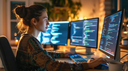 A woman sitting in front of two computer monitors with a focused expression
