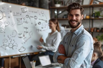Smiling Businessman with Arms Crossed During Meeting with Team