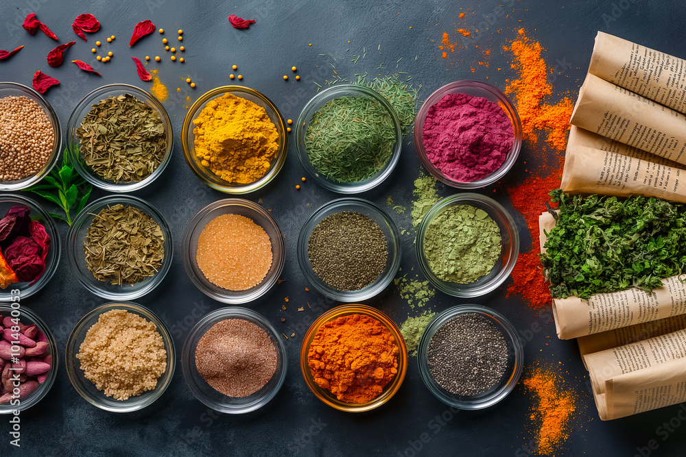 Poster various jars filled with spices and herbs display an array of vibrant colors on a dark surface, high