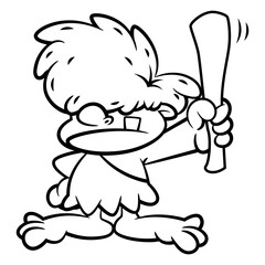 Little Caveman cartoon characters wearing leather clothes and carrying a club. Best for outline, logo, and coloring book with prehistoric themes for kids