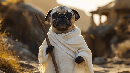 The pug stands confidently on a rocky trail, wearing white robes and oversized glasses, while gripping a stick. The warm glow of sunset highlights the unique outfit and the natural surroundings.
