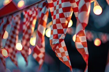 A collection of red and white flags suspended from a string, ideal for patriotic or celebratory events