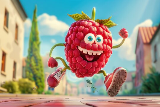 A bright red cartoon raspberry running down a busy city street