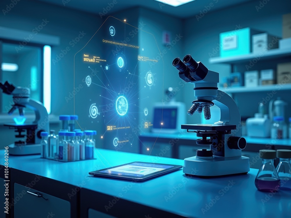 Poster high-tech microscope in modern laboratory setting