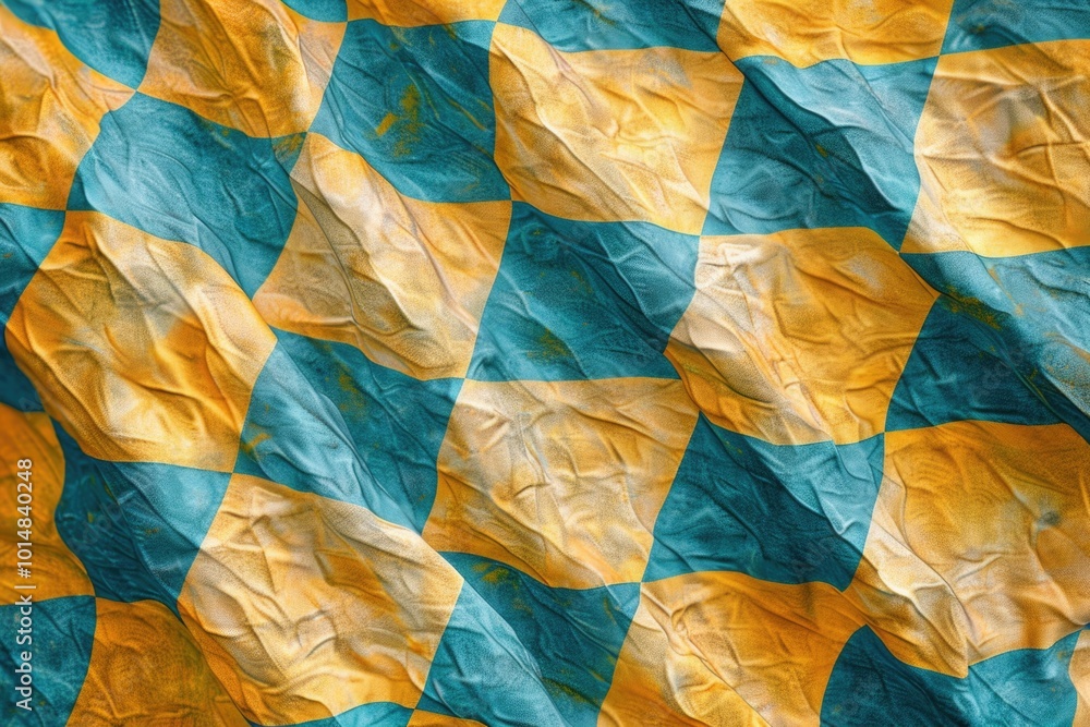 Poster a close-up shot of a yellow and blue checkered cloth with intricate patterns and textures