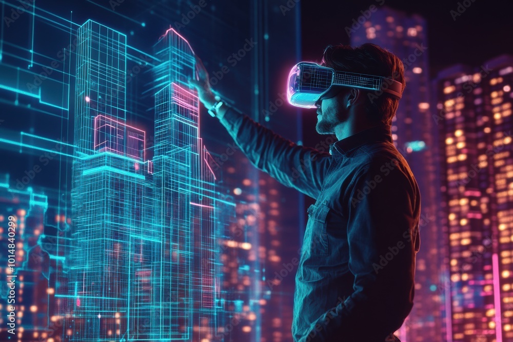 Fototapete an augmented reality architect designing glowing buildings in a futuristic cityscape at night using 