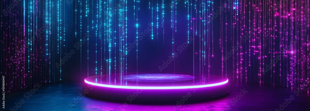 Poster 3. **digital innovation hub:** visualize a striking neon-lit podium with a holographic projection, p