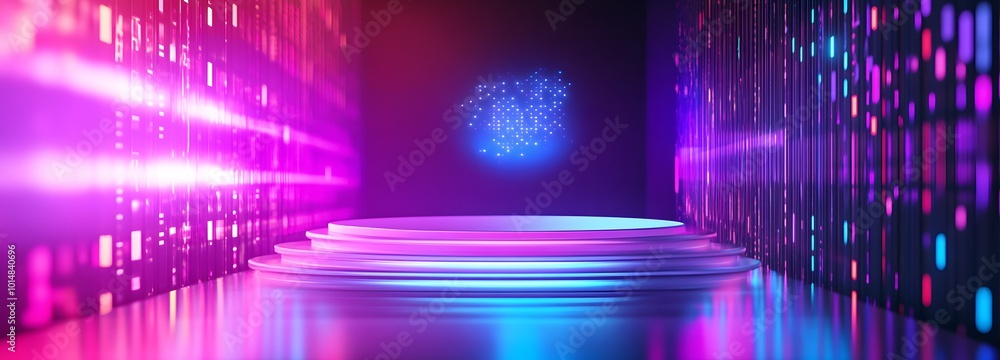 Poster 3. **digital innovation hub:** visualize a striking neon-lit podium with a holographic projection, p