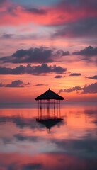 A stunning sunset over a calm ocean, with vibrant hues of orange, pink, and purple reflecting on the water's surface. The sky is filled with dramatic clouds, creating a serene and picturesque scene.
