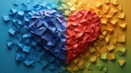 Colorful low-poly origami heart, a rainbow color palette