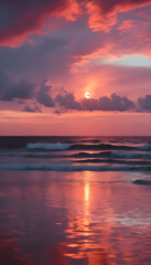 Obraz premium A stunning sunset over a calm ocean, with vibrant hues of orange, pink, and purple reflecting on the water's surface. The sky is filled with dramatic clouds, creating a serene and picturesque scene.