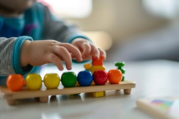 A close-up of a child's hand playing with a set of colorful wooden toys, showcasing the joy and learning of early childhood development.