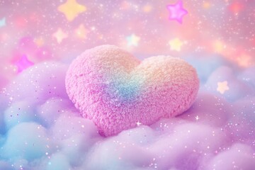 Fototapeta premium A soft, pastel heart rests on fluffy clouds, surrounded by colorful stars and a dreamy, magical atmosphere.