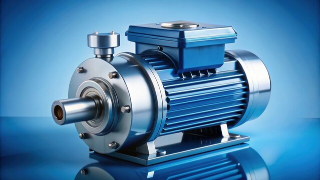 Industrial electric pump with asynchronous motor on blue background, modern, high-tech, centrifugal,engine, industrial