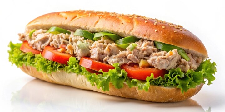 Tuna salad lettuce and tomato submarine sandwich on a white background, tuna, salad, lettuce, tomato, submarine, sandwich, healthy