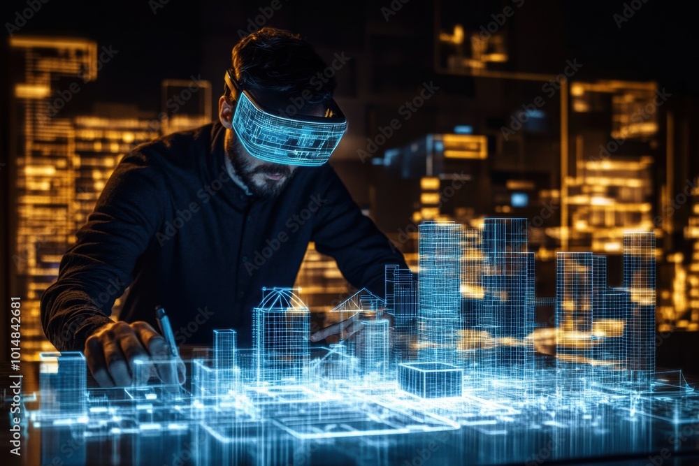 Aufkleber An augmented reality architect designing virtual buildings in a high-tech cityscape at night with glowing projections. Generative AI