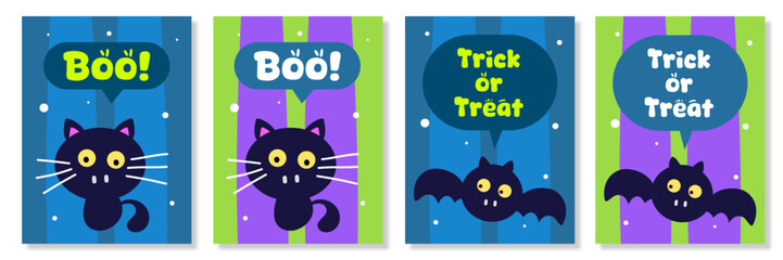 Happy Halloween greeting sale banner set, card or party invitation with Holiday calligraphy, cute cat and bat background. Design template for advertising, web, social media, and poster